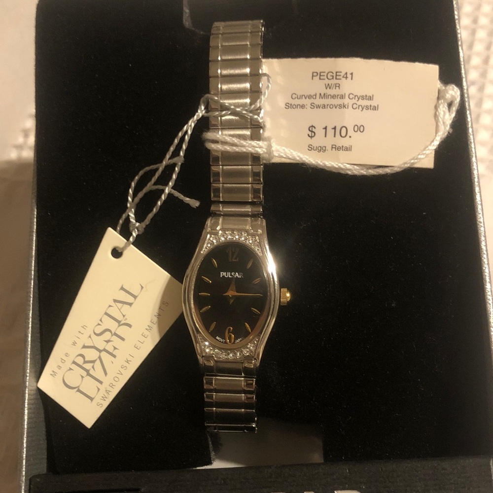 Pulsar Black Dial Silver Band Watch with Swarovski